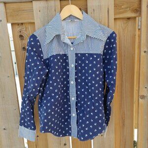 Vintage Permanent Press Blouse Size 38 Floral Stripe Navy Pattern